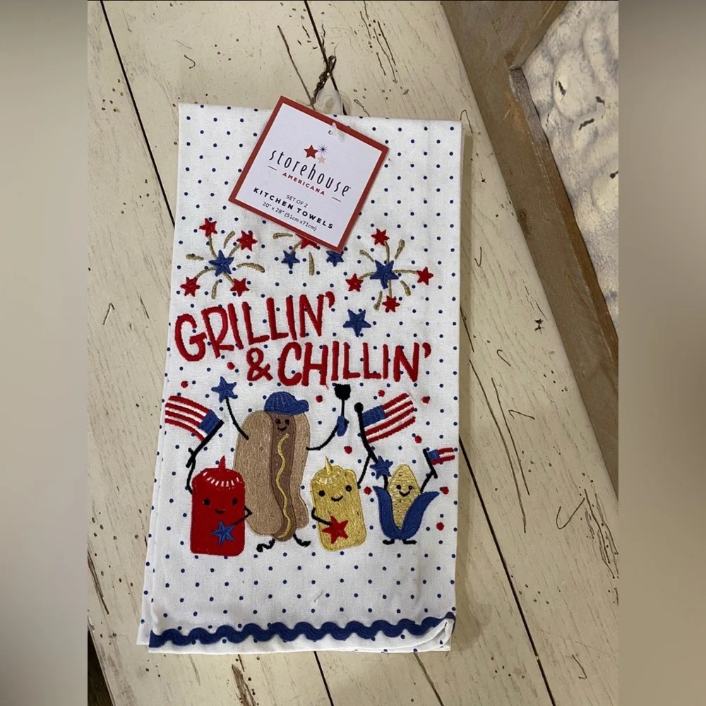 Storehouse Americana Kitchen Towel Set -Embroidered Grillin and Chillin LAST SET
